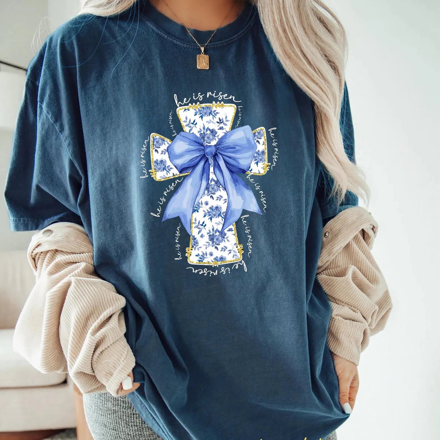 He Is Risen Easter Shirt, Blue Chinoiserie Cross Shirt, Christian Easter Tee, Coquette Bow Faith Shirt, Jesus Easter Shirt, Religious Spring Shirt
