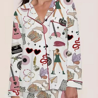 Swifttie Inspired Pajama Set for Women, Silky Satin Music Era Sleepwear, Cozy Nightwear Gift