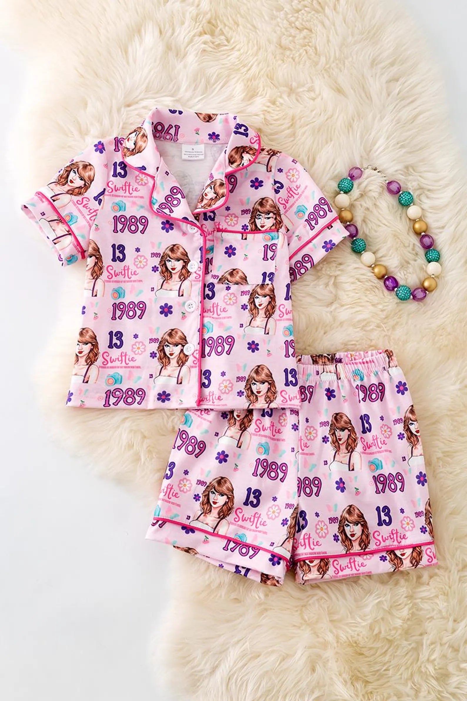 Swifttie Inspired Pink Satin Pajama Short Set , Button up Summer Sleepwear for Women, Cozy Nightwear Gift