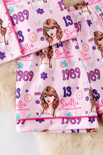 Swifttie Inspired Pink Satin Pajama Short Set , Button up Summer Sleepwear for Women, Cozy Nightwear Gift