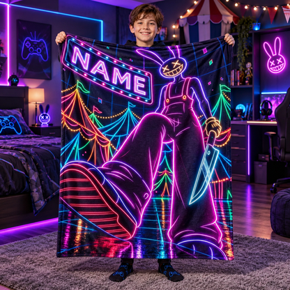 Custom Name Neon Rabbit Circus Plush Throw Blanket