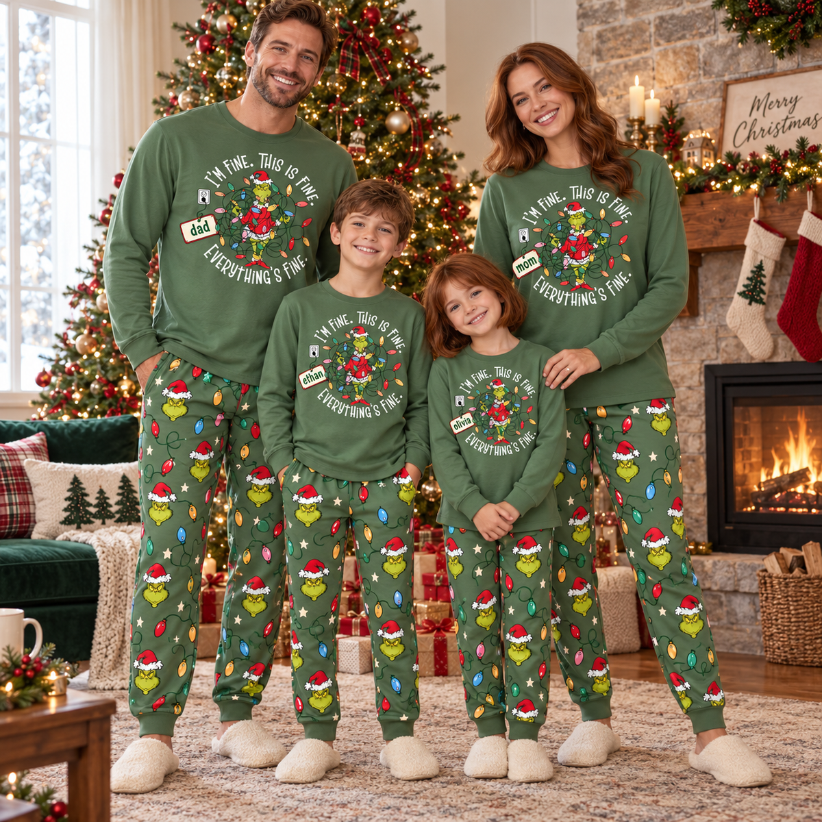 Personalized "I'm Fine Everything's Fine" Grumpy Green Creature Family Christmas Pajamas