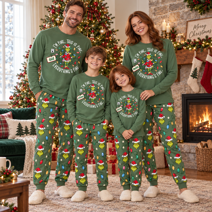 Personalized "I'm Fine Everything's Fine" Grumpy Green Creature Family Christmas Pajamas