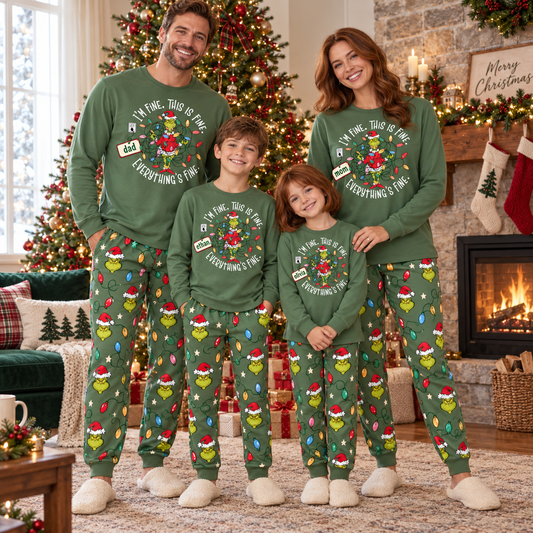 Personalized "I'm Fine Everything's Fine" Grumpy Green Creature Family Christmas Pajamas