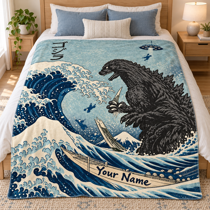 Custom Name Japanese Ukiyo-e UFO Kaiju Monster Blanket