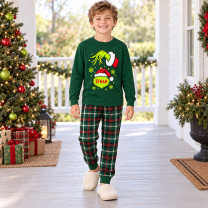 Personalized Mean Green Holiday Creature & Tartan Plaid Family Christmas Pajamas