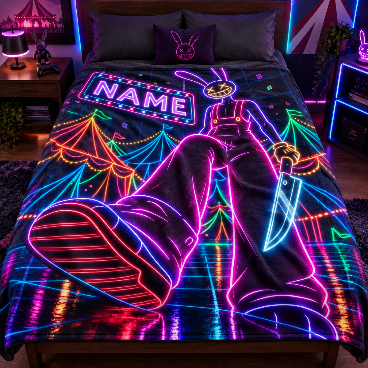 Custom Name Neon Rabbit Circus Plush Throw Blanket