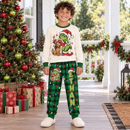 Personalized Grumpy Green Creature & Dog Green Buffalo Plaid Family Christmas Pajamas