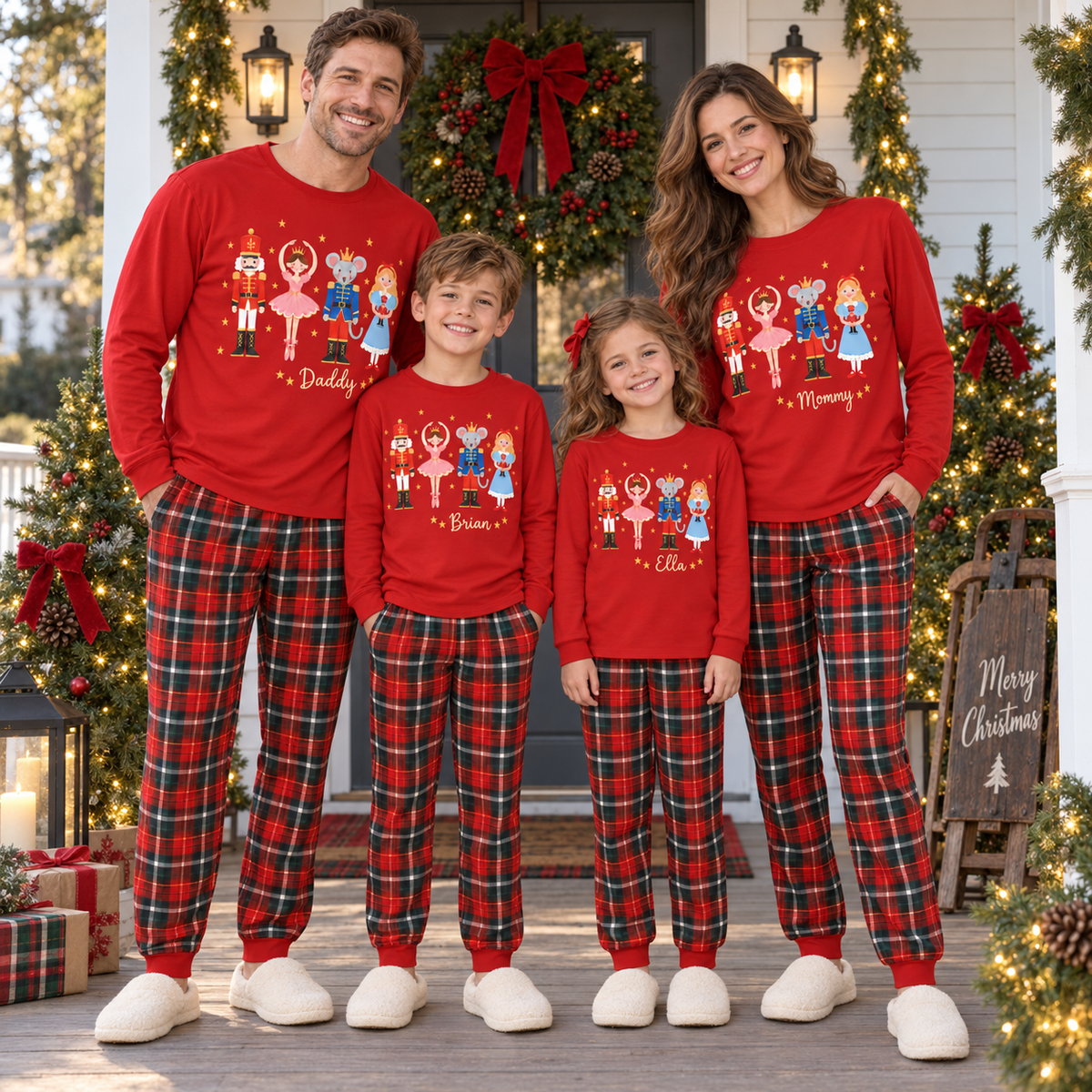 Personalized Nutcracker Characters & Tartan Plaid Red Family Christmas Pajamas