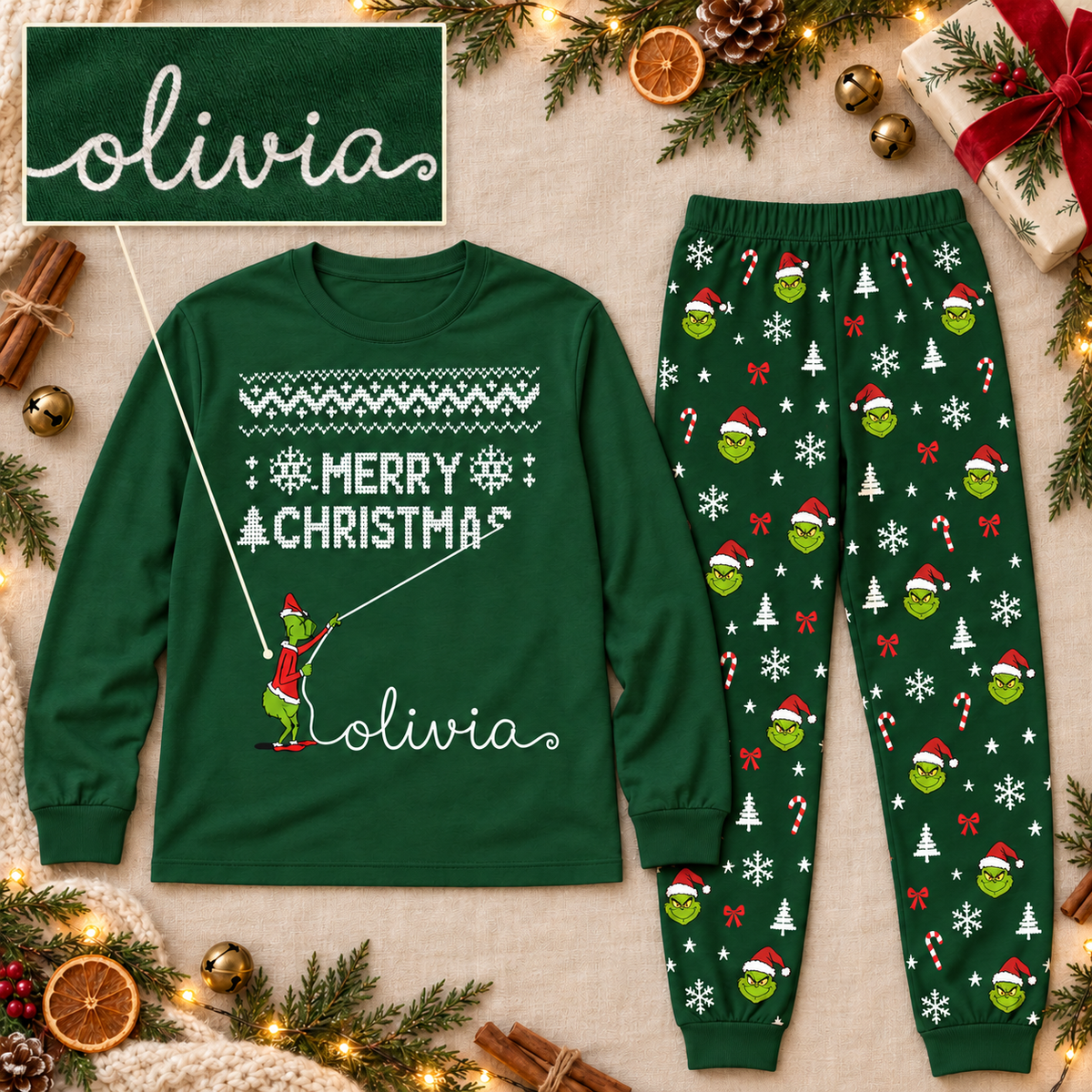 Personalized Grumpy Green Creature "Merry Christmas" Green Family Christmas Pajamas