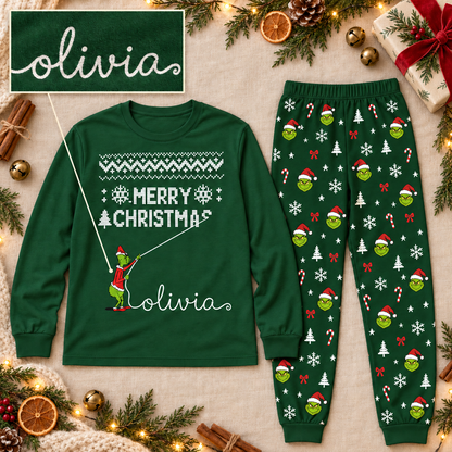 Personalized Grumpy Green Creature "Merry Christmas" Green Family Christmas Pajamas