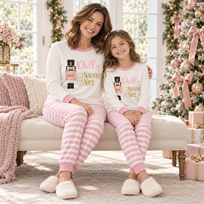 Personalized Nutcracker "Naughty or Nice" Pink Striped Family Christmas Pajamas