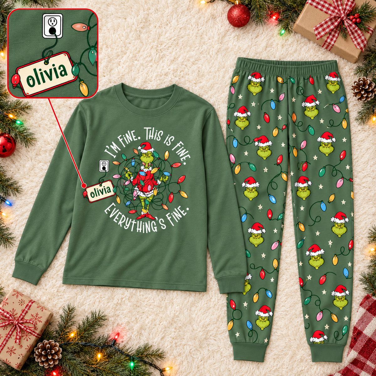 Personalized "I'm Fine Everything's Fine" Grumpy Green Creature Family Christmas Pajamas