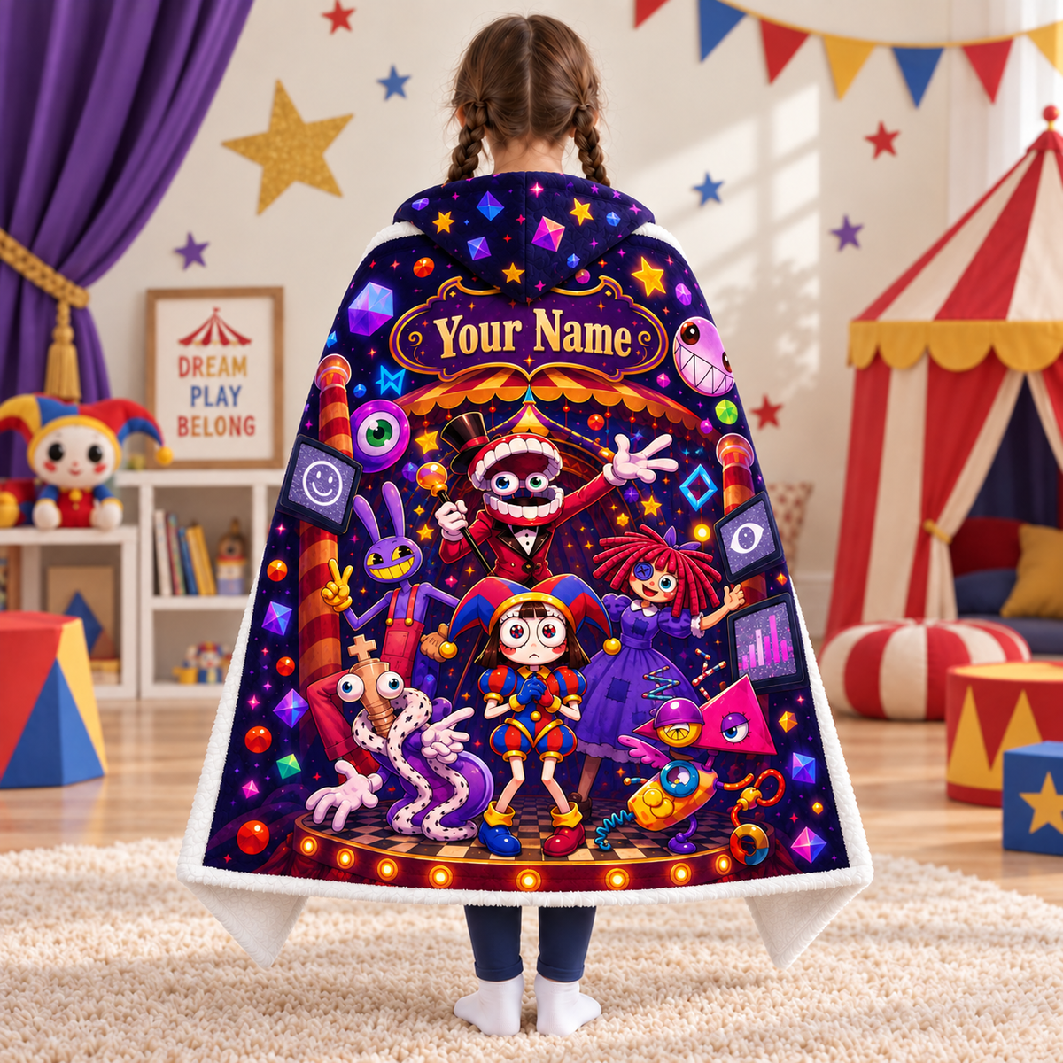 Custom Name Digital Circus Stage Wearable Hooded Blanket
