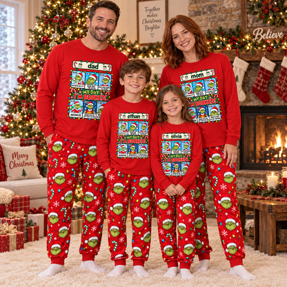 Personalized "My Day I'm Booked" Grumpy Green Creature Red Family Christmas Pajamas