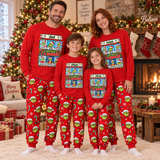 Personalized "My Day I'm Booked" Grumpy Green Creature Red Family Christmas Pajamas