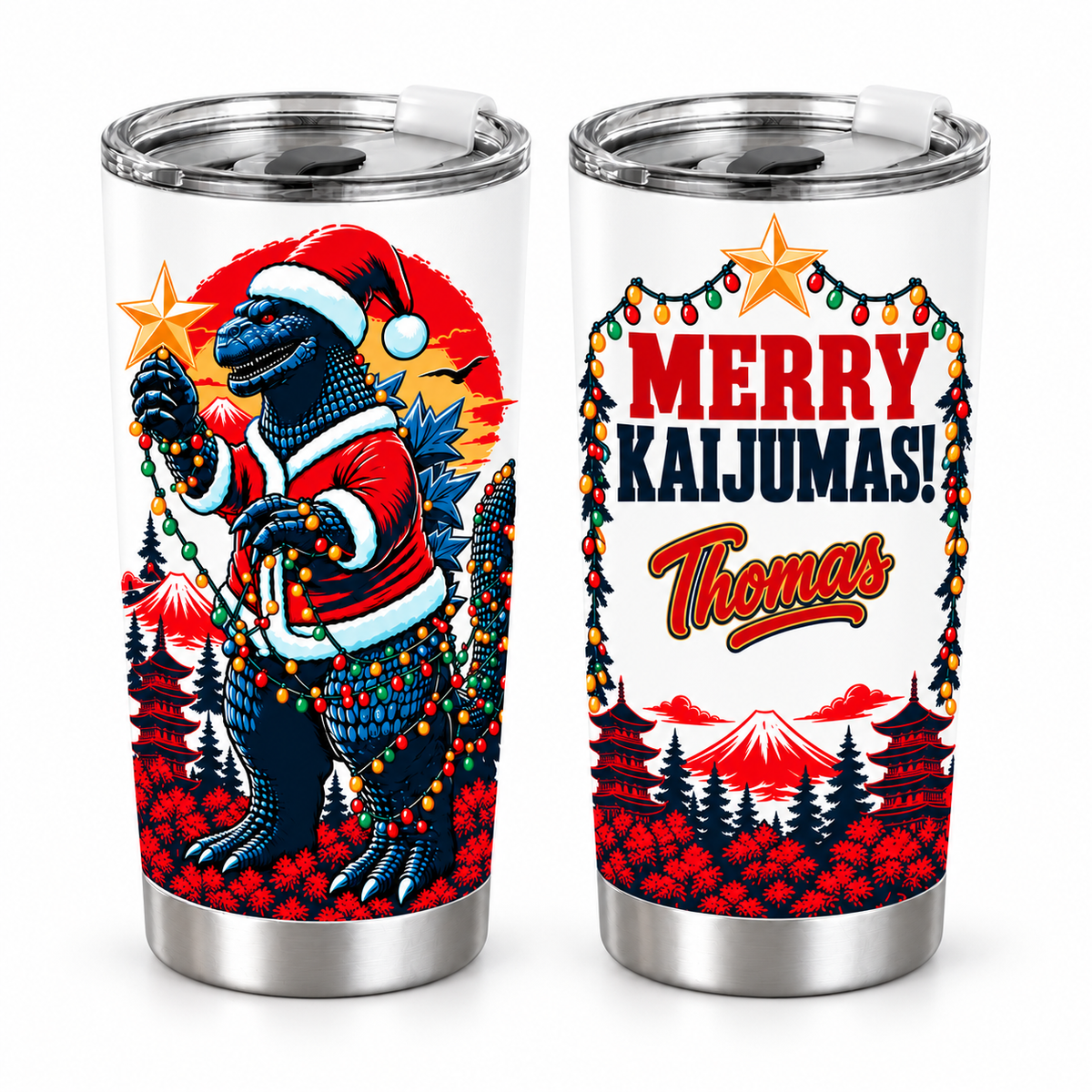 Personalized Merry Kaijumas – Custom Name 20oz Japanese Festive Santa Beast Tumbler