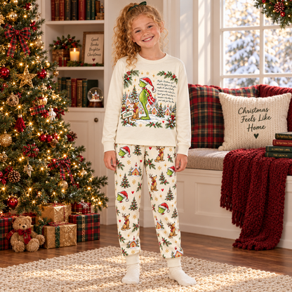 Personalized Grumpy Green Creature & Dog Snowy Village Cream Family Christmas Pajamas