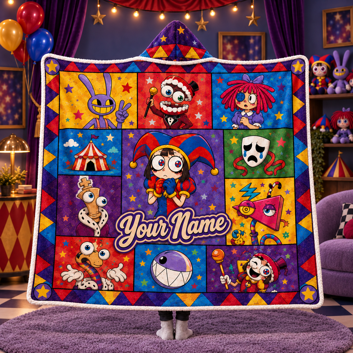 Custom Name Circus Character Grid Wearable Hooded Blanket