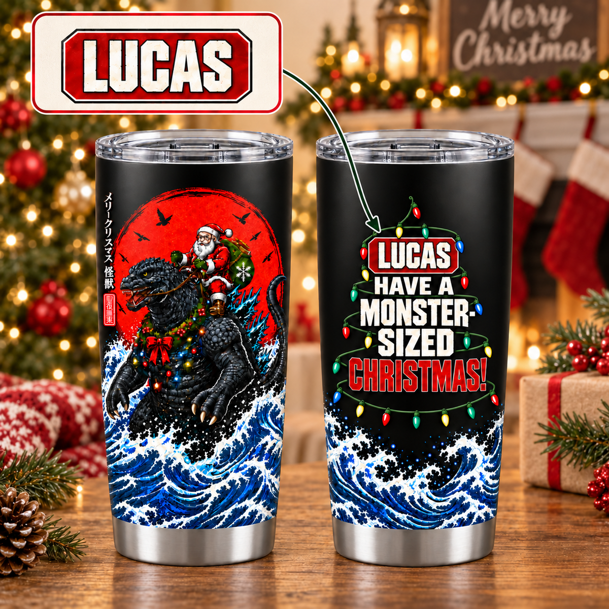 Personalized Have A Monster-Sized Christmas – Custom Name 20oz Santa Beast Wave Tumbler