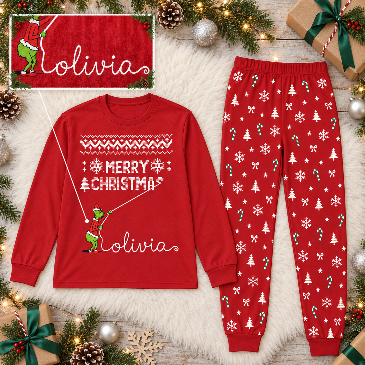 Personalized Grumpy Green Creature "Merry Christmas" Red Family Christmas Pajamas