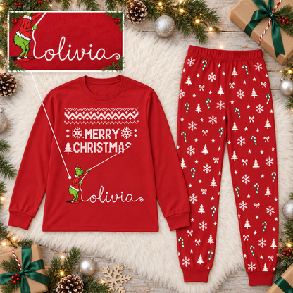 Personalized Grumpy Green Creature "Merry Christmas" Red Family Christmas Pajamas