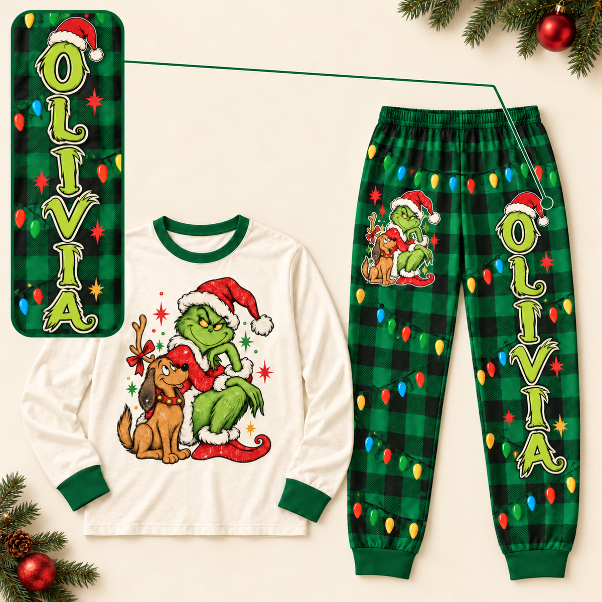 Personalized Grumpy Green Creature & Dog Green Buffalo Plaid Family Christmas Pajamas
