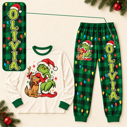 Personalized Grumpy Green Creature & Dog Green Buffalo Plaid Family Christmas Pajamas