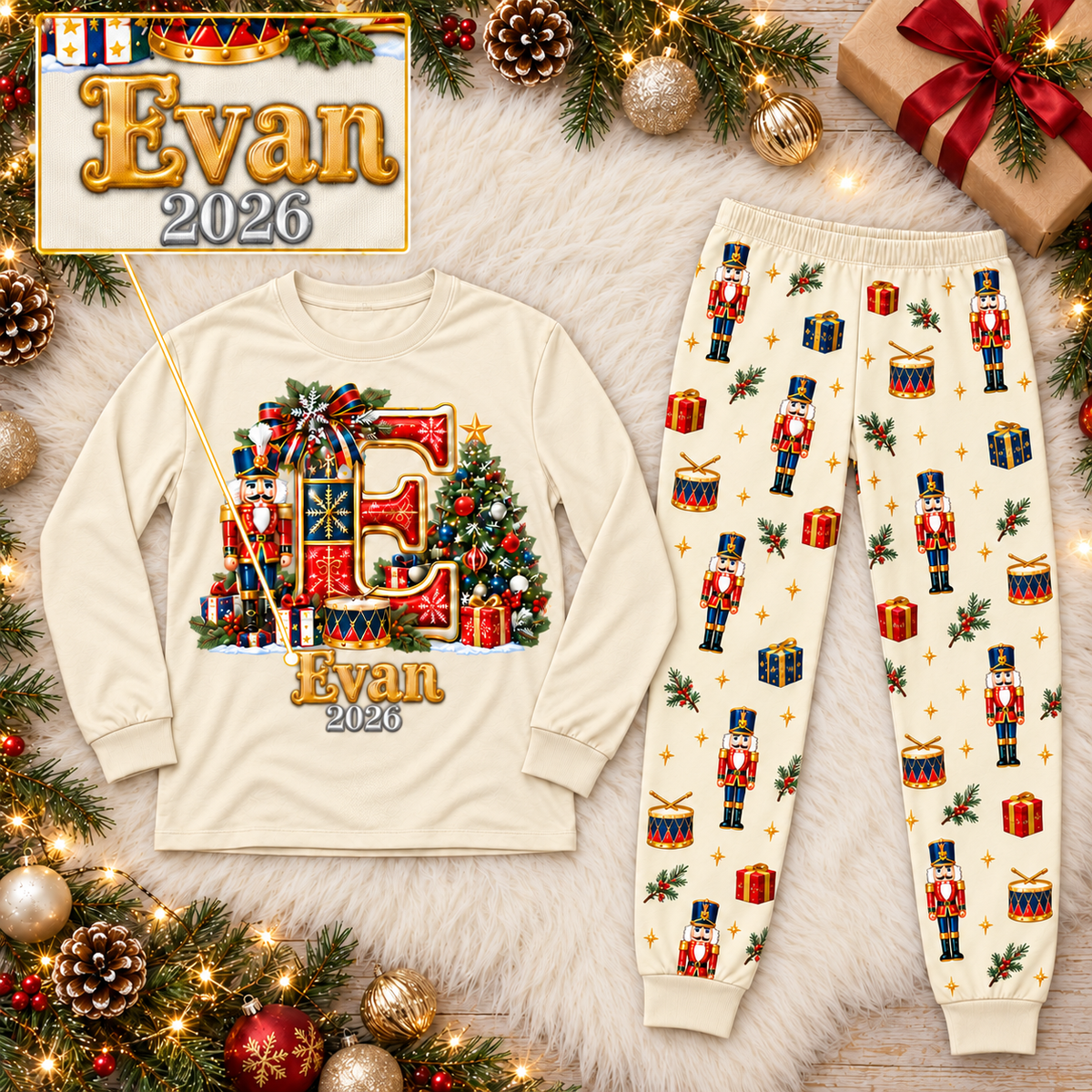Personalized Monogram Letter Nutcracker Cream Matching Family Christmas Pajamas