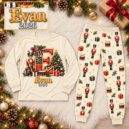 Personalized Monogram Letter Nutcracker Cream Matching Family Christmas Pajamas