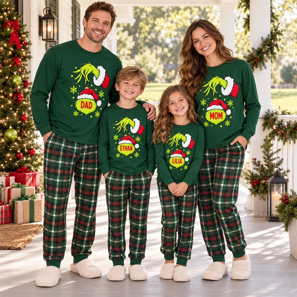 Personalized Mean Green Holiday Creature & Tartan Plaid Family Christmas Pajamas