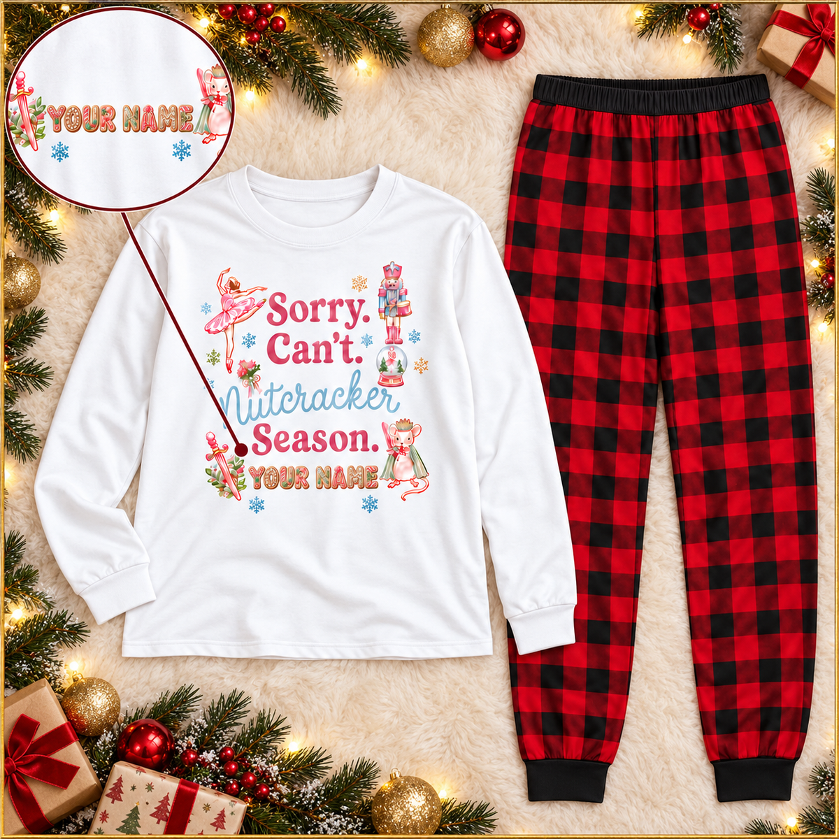 Personalized "Sorry Can't Nutcracker Season" Buffalo Plaid Family Christmas Pajamas