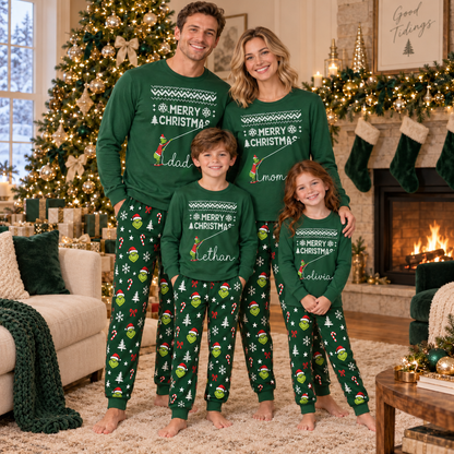 Personalized Grumpy Green Creature "Merry Christmas" Green Family Christmas Pajamas