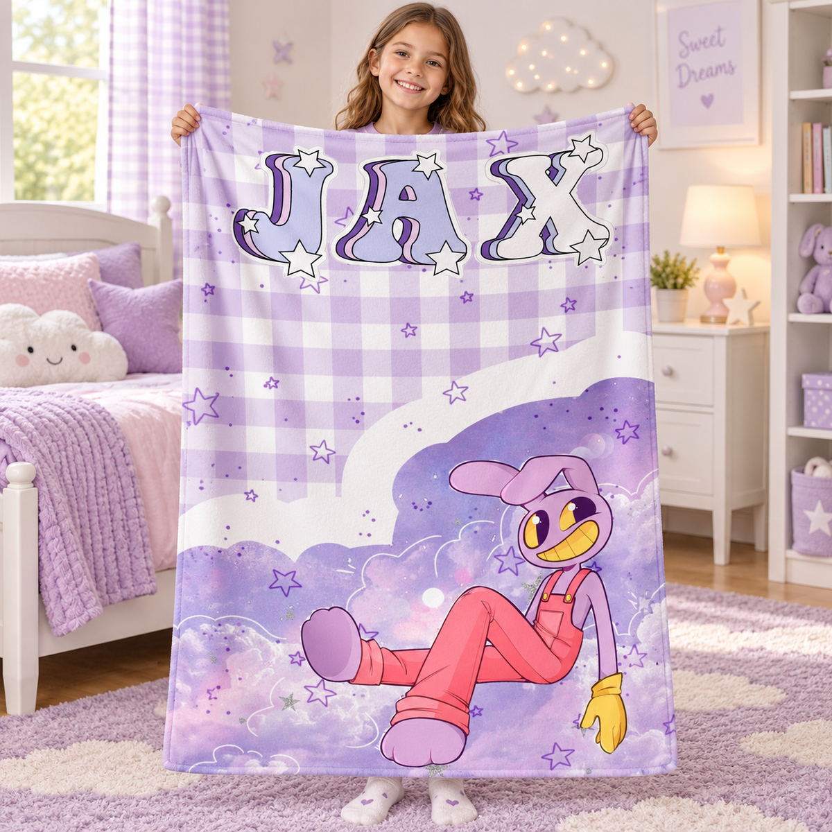 Custom Name Lavender Bunny Starry Plaid Plush Throw Blanket