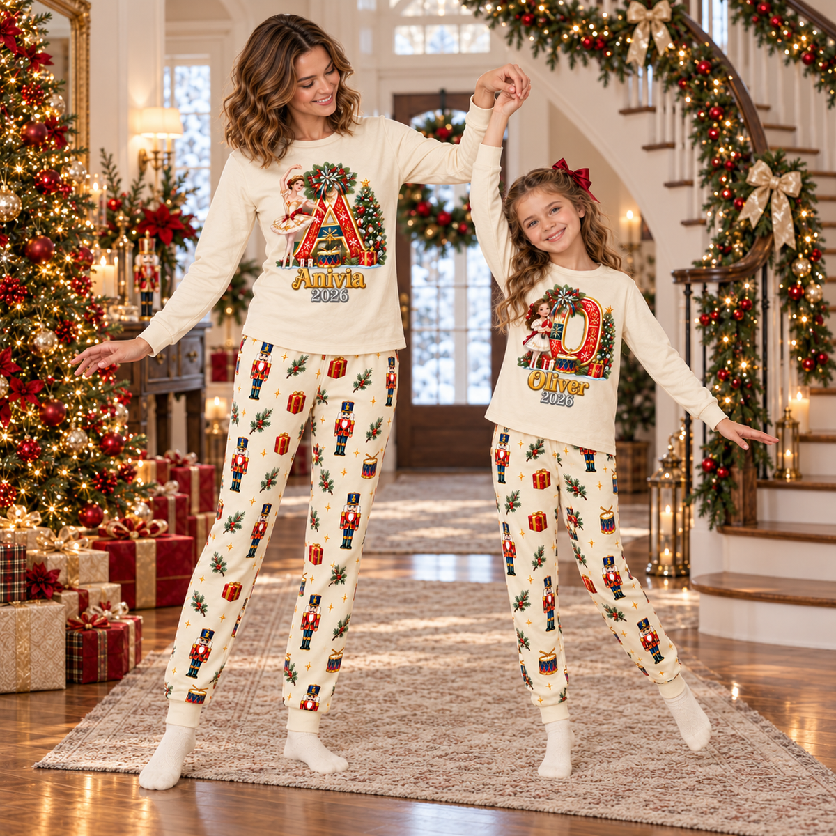 Personalized Monogram Letter Nutcracker Cream Matching Family Christmas Pajamas