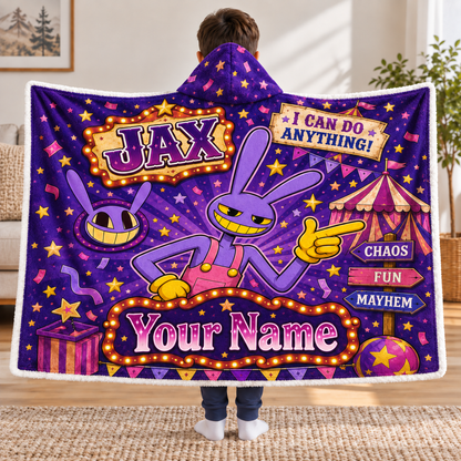 Custom Name Circus Rabbit Cartoon Wearable Hooded Blanket