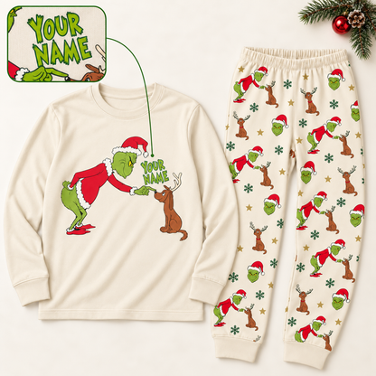 Personalized Mean Green Creature & Faithful Pup Cream Family Christmas Pajamas