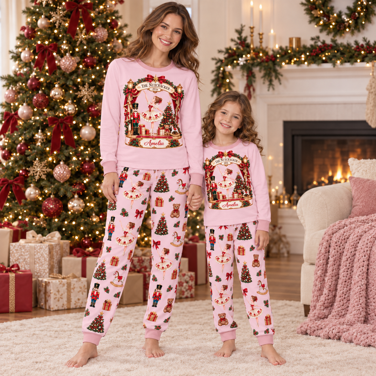 Personalized Pink Ballerina & Nutcracker Family Christmas Pajamas