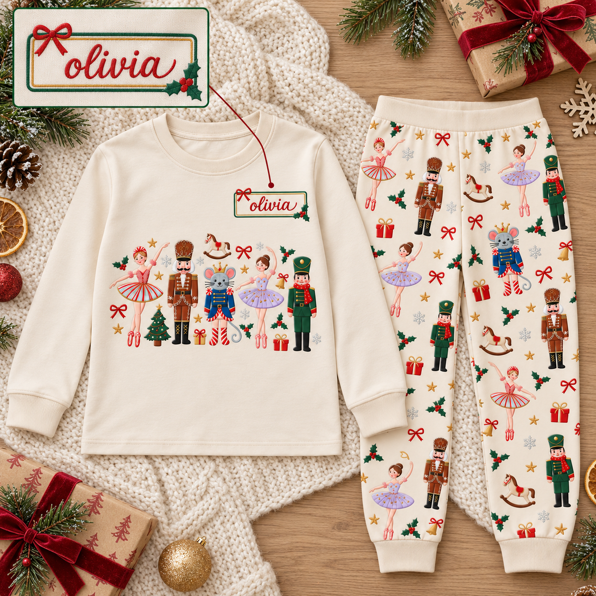 Personalized Ballerina, Nutcracker & Mouse Cream Family Christmas Pajamas