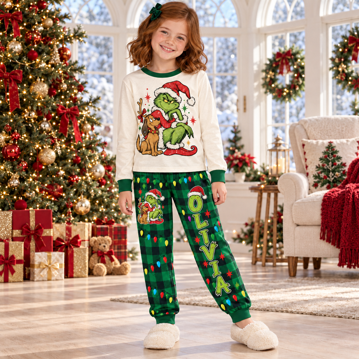 Personalized Grumpy Green Creature & Dog Green Buffalo Plaid Family Christmas Pajamas