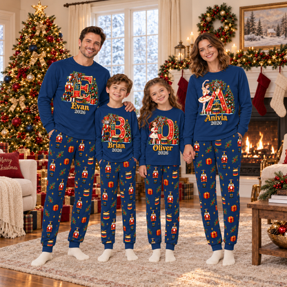 Personalized Monogram Letter Nutcracker Navy Blue Matching Family Christmas Pajamas