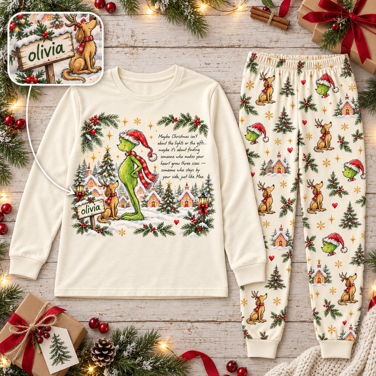 Personalized Grumpy Green Creature & Dog Snowy Village Cream Family Christmas Pajamas