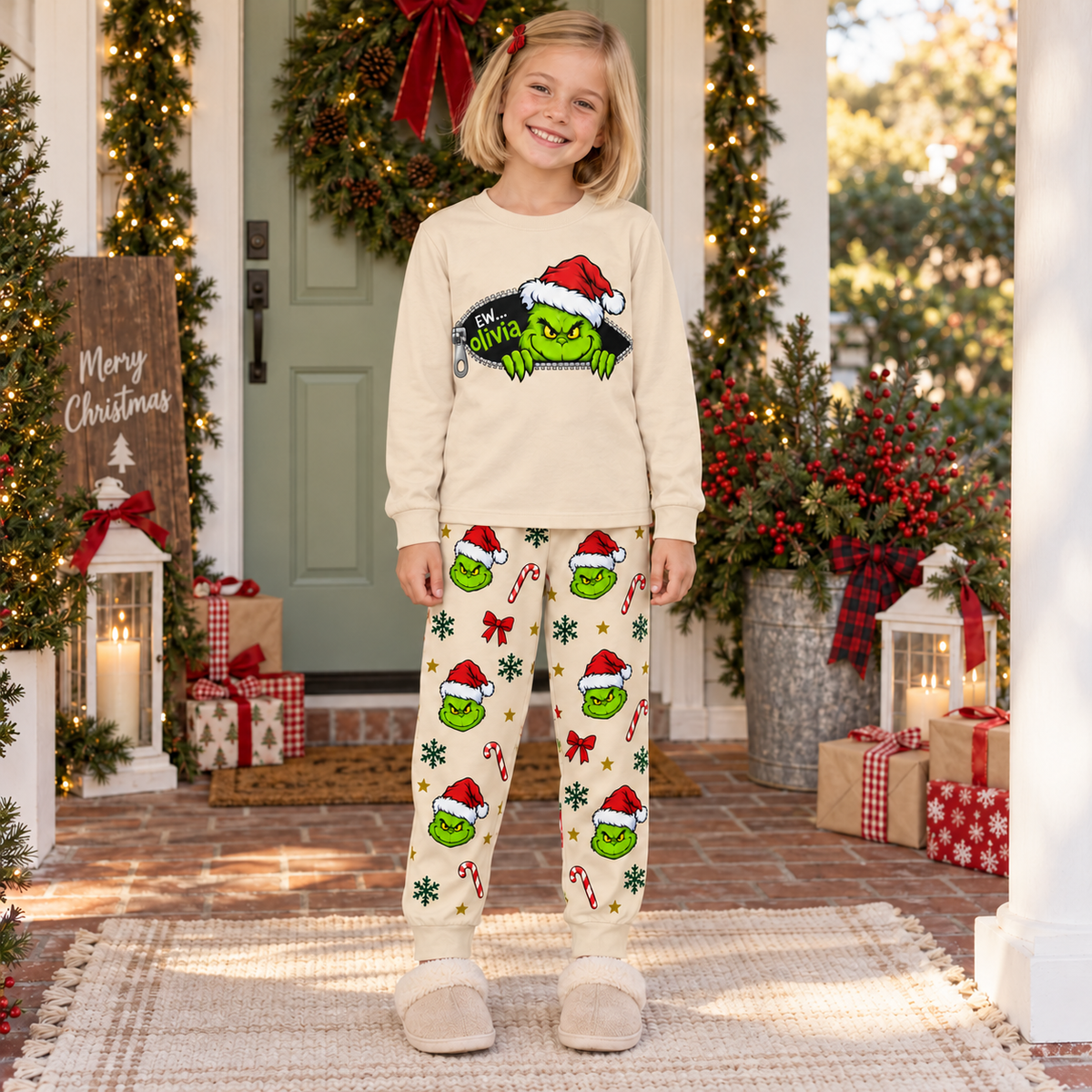 Personalized Grumpy Green Creature Zipper & All-Over Print Cream Family Christmas Pajamas