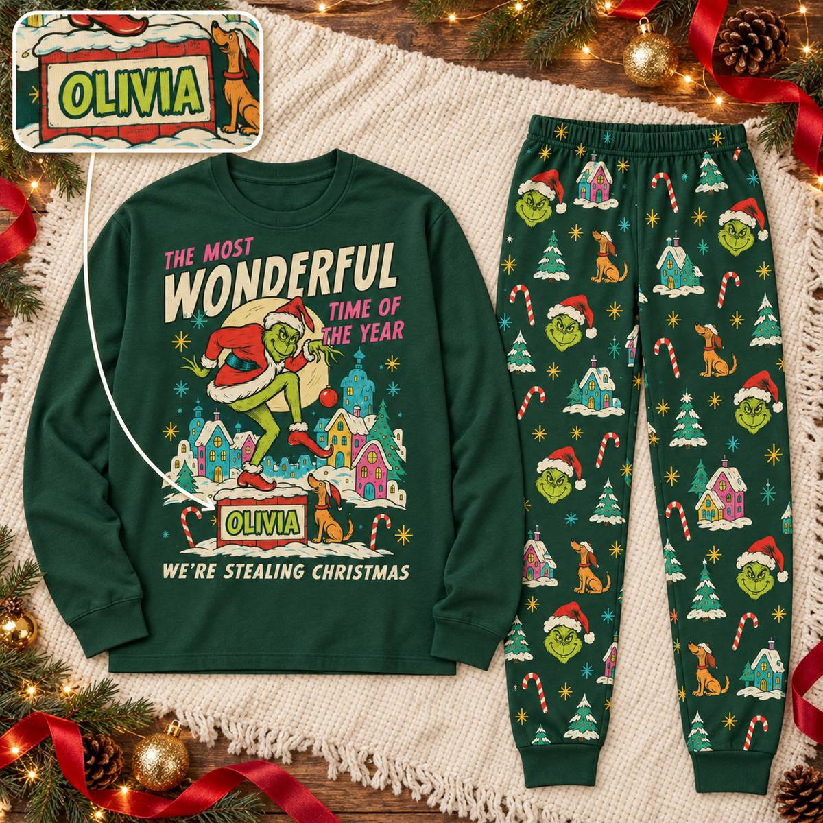 Personalized "Stealing Christmas" Grumpy Green Creature Green Family Christmas Pajamas