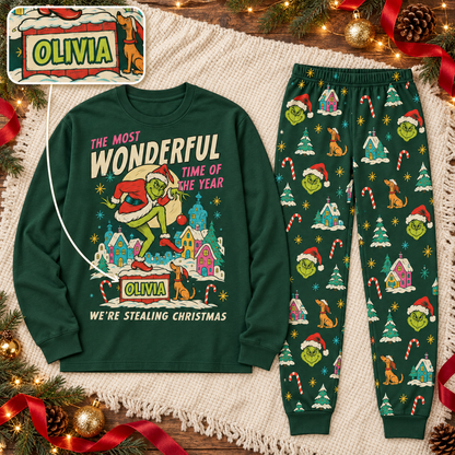 Personalized "Stealing Christmas" Grumpy Green Creature Green Family Christmas Pajamas