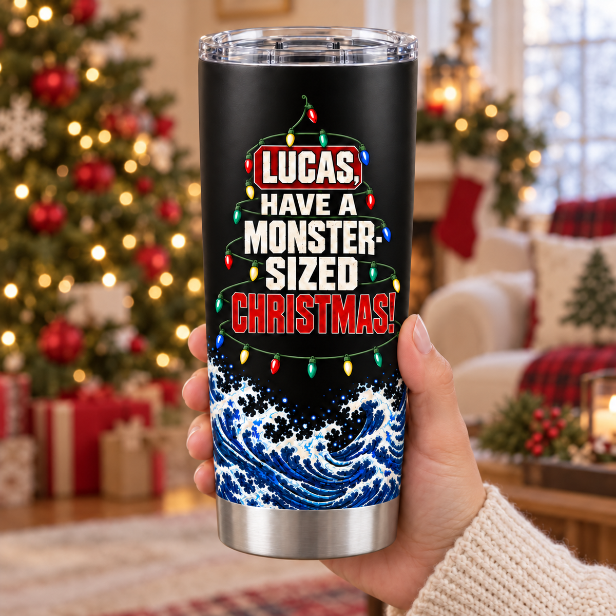 Personalized Have A Monster-Sized Christmas – Custom Name 20oz Santa Beast Wave Tumbler