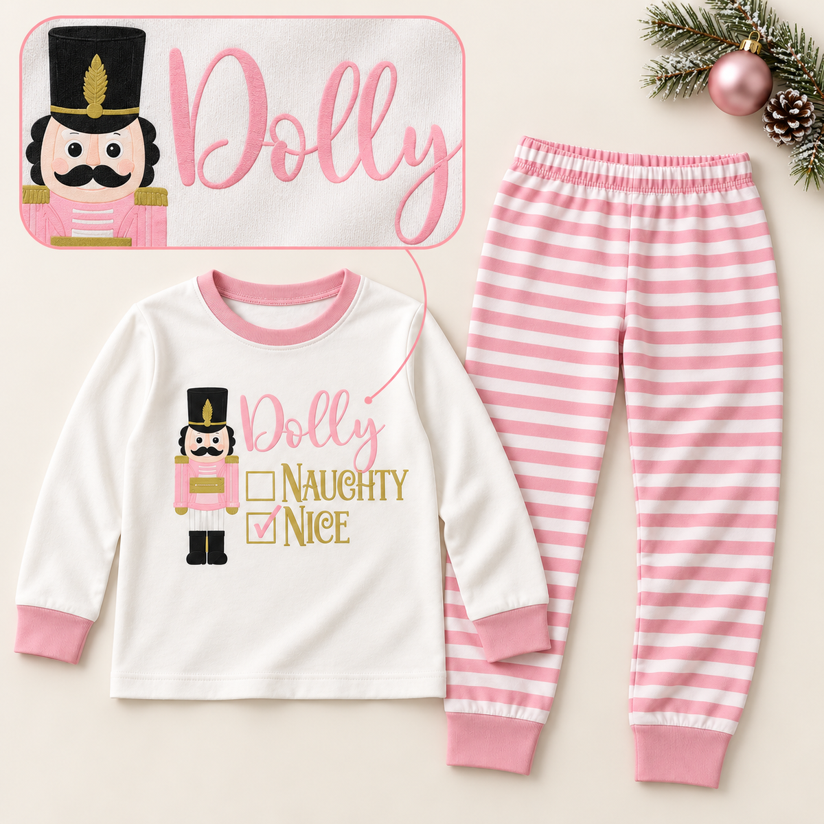 Personalized Nutcracker "Naughty or Nice" Pink Striped Family Christmas Pajamas
