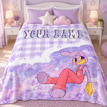 Custom Name Lavender Bunny Starry Plaid Plush Throw Blanket