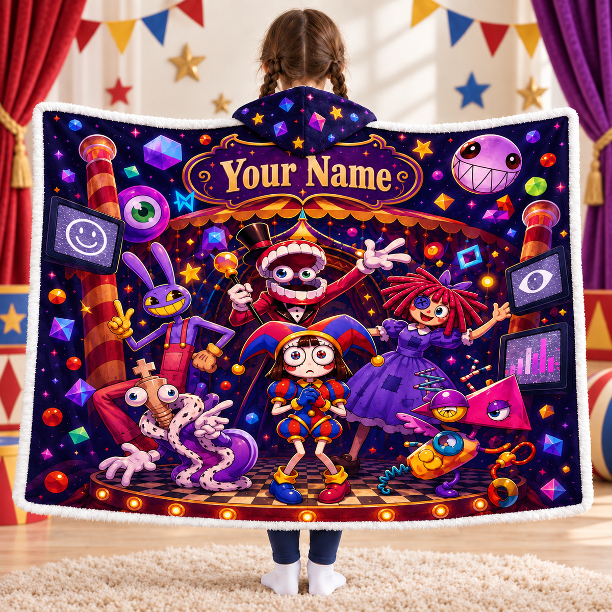 Custom Name Digital Circus Stage Wearable Hooded Blanket