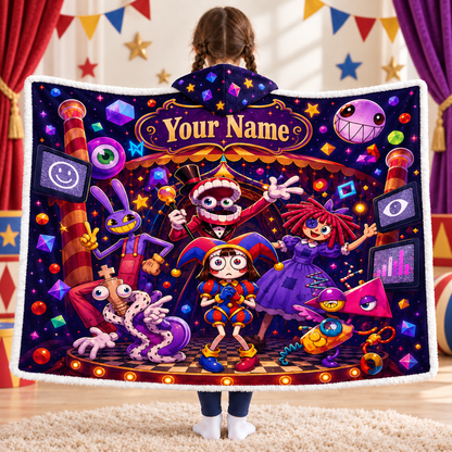 Custom Name Digital Circus Stage Wearable Hooded Blanket